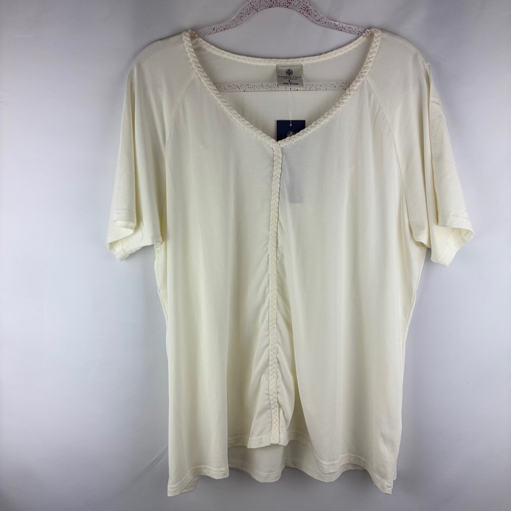 Laurie Felt Top Large Ivory Braided V-Neck Boho Chic Coastal Grandma Soft Bamboo - Picture 3 of 9